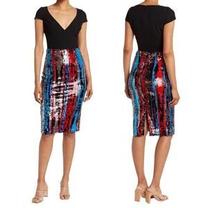 New! Dress The Population Sequin Cap Sleeve Plunge Holiday Cocktail Party Dress